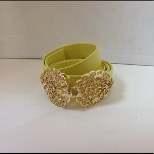 Vintage Yellow Faux Leather Belt Gold Leaf Buckle